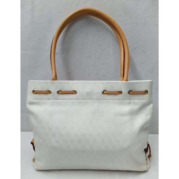 Dooney & Bourke White Canvas Leather Trim Double Handle Tassel Tote Bag - Picture 2 of 16